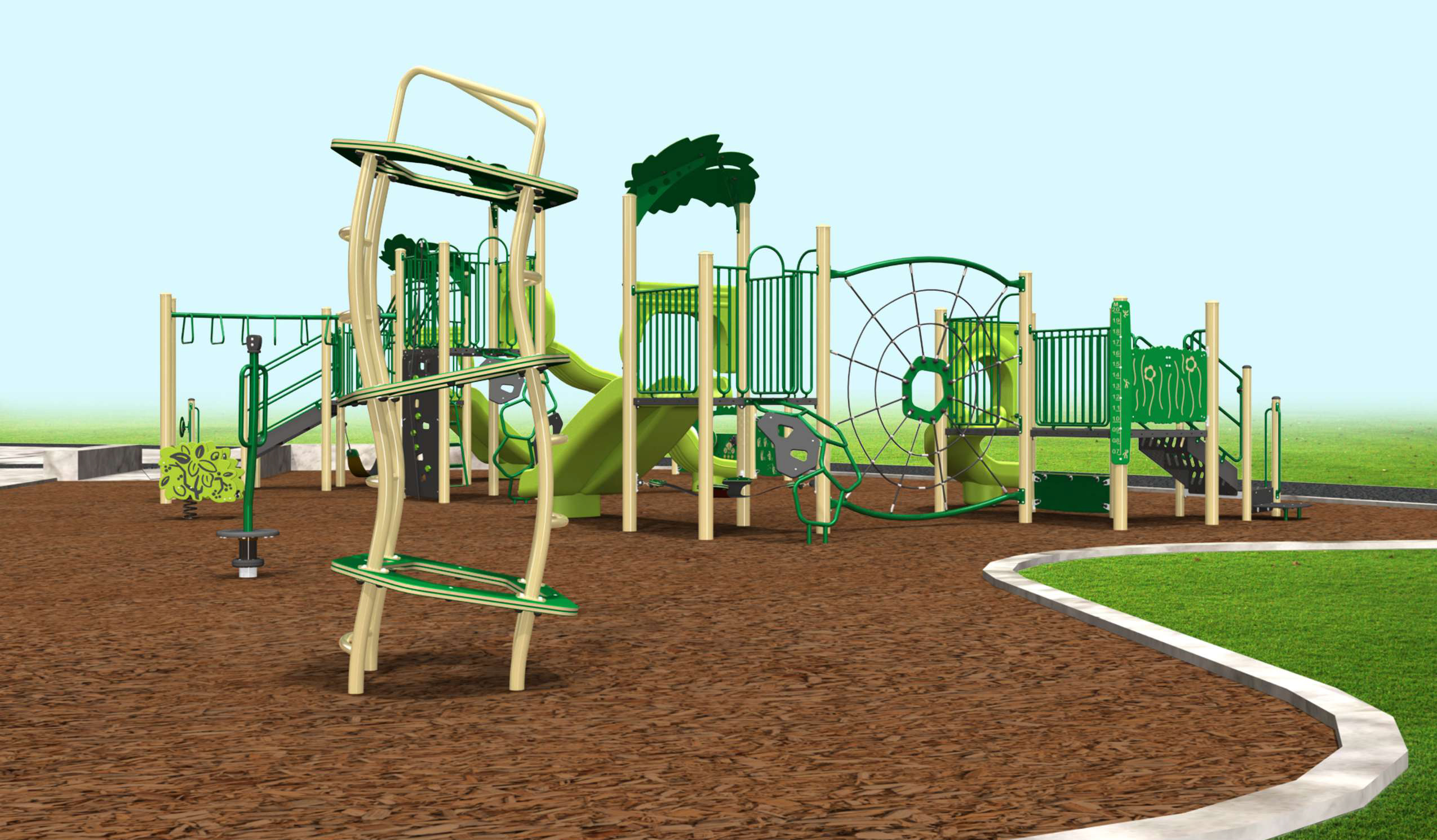 A rendering of Playground Equipment Option 1 looking towards the east at eye level. The structures are shown in beige, green, light green and grey and include the features described below