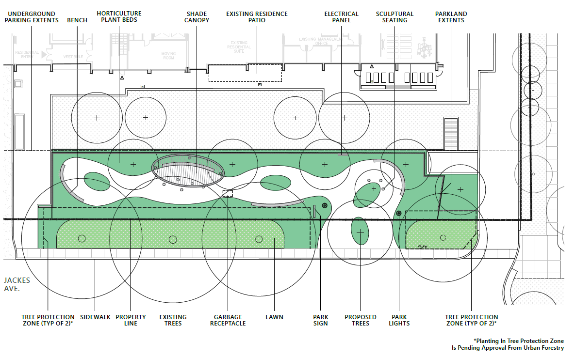 Design option B for the new park at Jackes Avenue, which will include a shade structure, informal and formal seating opportunities, new planting areas, and more. This design follows a more winding and curvilinear form. A full description follows the image.