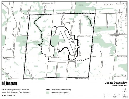 Map 1: Update Downsview Context Map illustrates the relevant boundaries for the EA Study, Secondary Plan and OPA application.