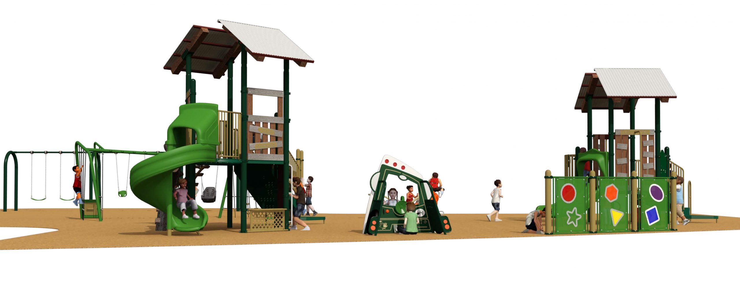 A rendering of Playground Equipment Option 2 looking towards the southwest at eye level. The structures are shown in beige, dark green, and green and include the features described below.