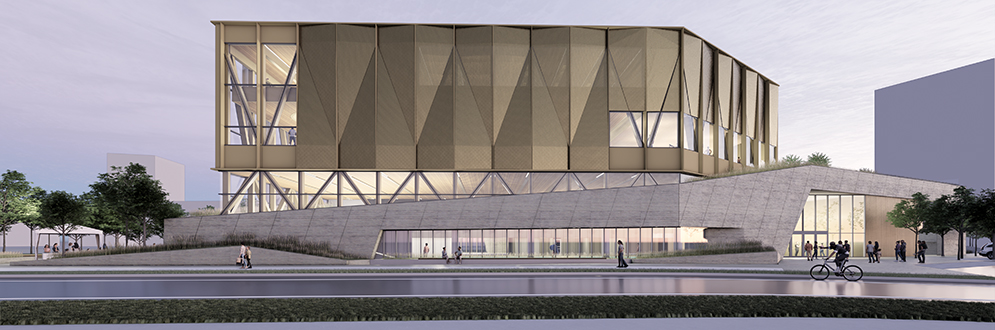 Artist rendering of the exterior building of the new Lawrence Heights Community Recreation Centre as seen from the north, featuring the building’s outdoor gathering area on the east side and the building’s main entrance on the west.