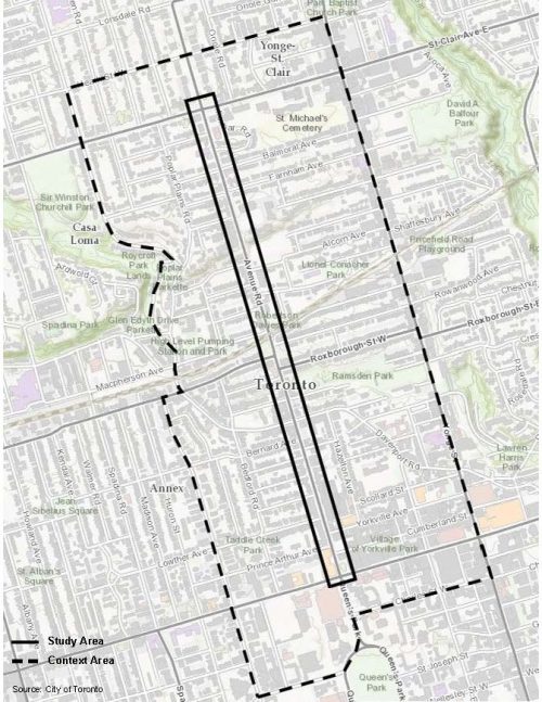 Map of study area Avenue Road from Bloor Street on the south to St. Clair Avenue West on the north.