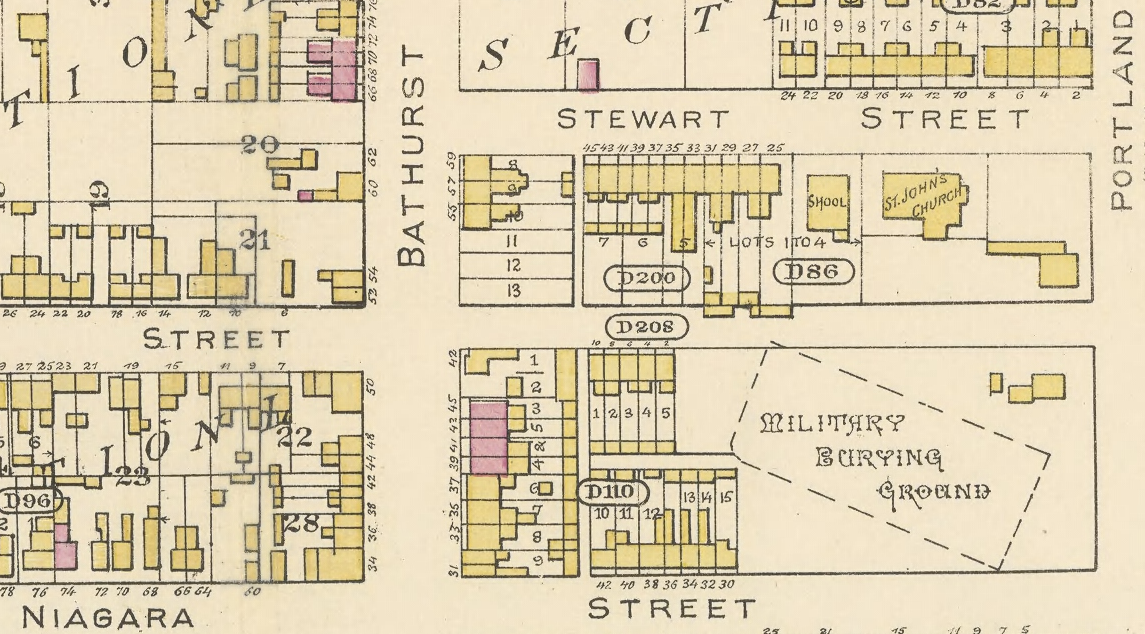 A map showing the 1884 Fire Insurance Plan which shows the original boundaries of the park and the location of the military burial grounds, which is show in the centre of the park. Major streets surrounding the park include Bathurst Street to the west, Portland Street to the east and a smaller Stewart Street to the north.