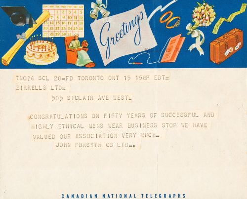 Telegram with a heading illustrating celebrations and the word "greetings." The text reads, "Congratulations on fifty years of successful and highly ethical mens wear business stop we have valued our association very much. John Forsyth Co. Ltd."