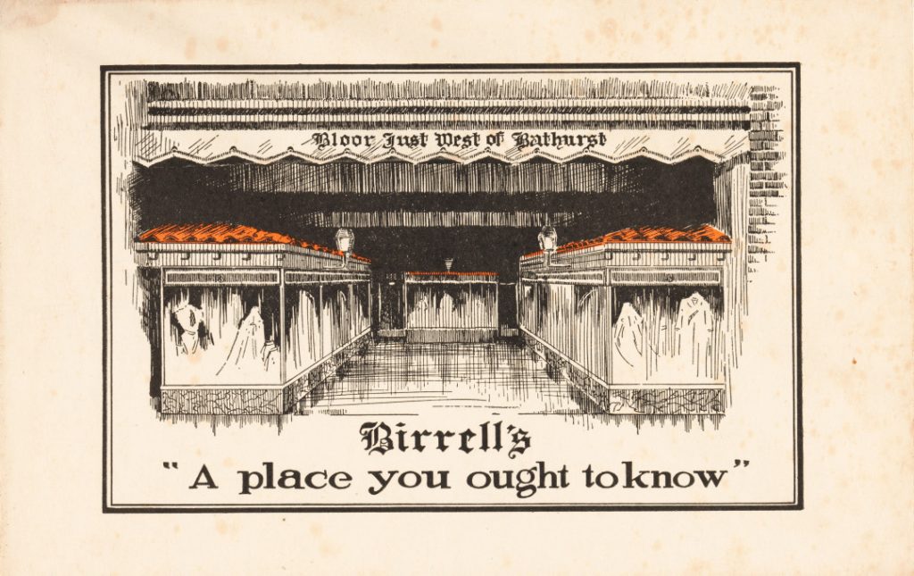 Drawing of a storefront with a central door and display windows on each side. Text at the bottom says, "Birrell's, a place you ought to know."