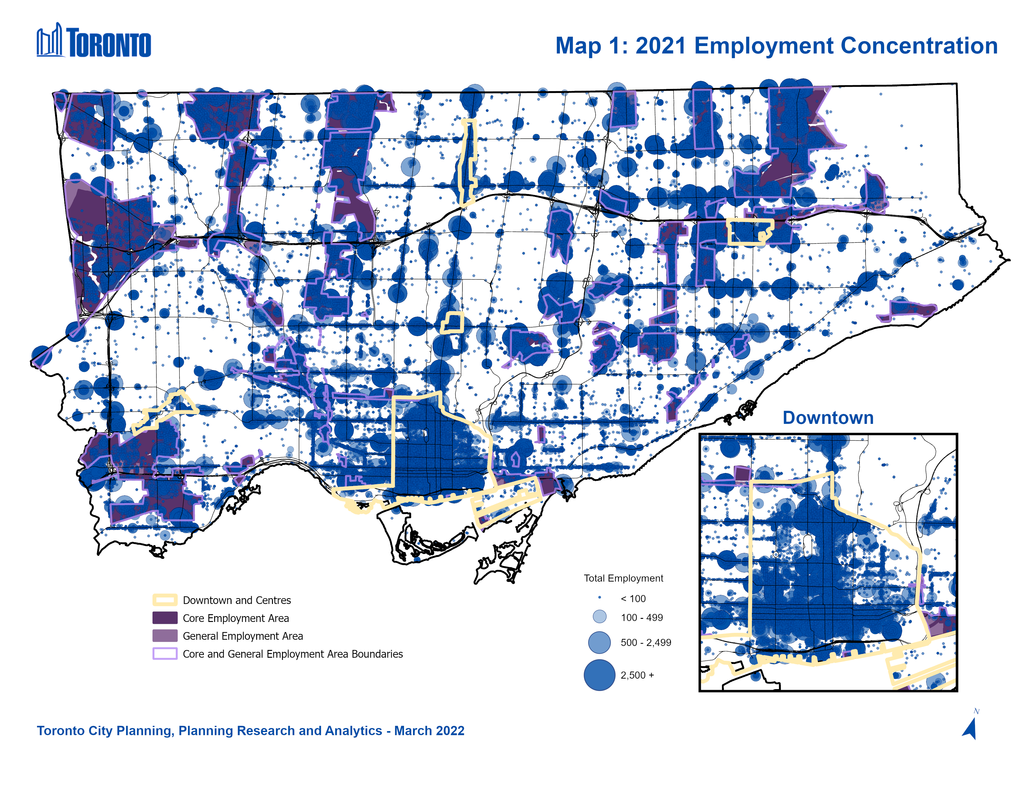 Employment Concentrations, City of Toronto. This map shows locations of all establishments in the city, with graduated symbols for establishments (1) having less than 100 employees, (2) having between 100 and 499 employees (3) having between 500 and 2,499 employees and (4) having over 2,500 employees.