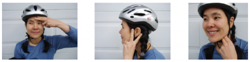 A woman wearing a helmet is shown in three images, demonstrating how to ensure it fits correctly