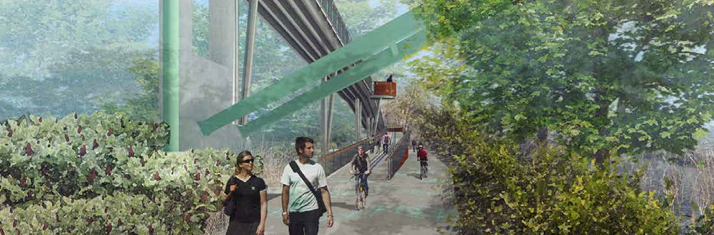 Artist illustration shows people walking and cycling on the Lower Don Trail below the Riverdale Pedestrian Bridge, with new sloped path structure connecting the bridge to the trail below.