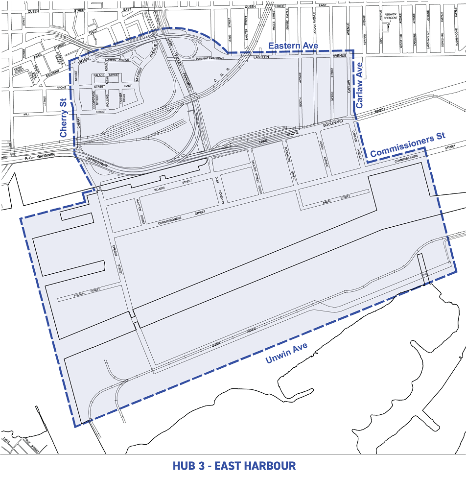 The boundary of the East Harbour Construction Hub is Eastern Avenue, Carlaw Ave, Commisioner St, Unwin Ave, and Cherry St.