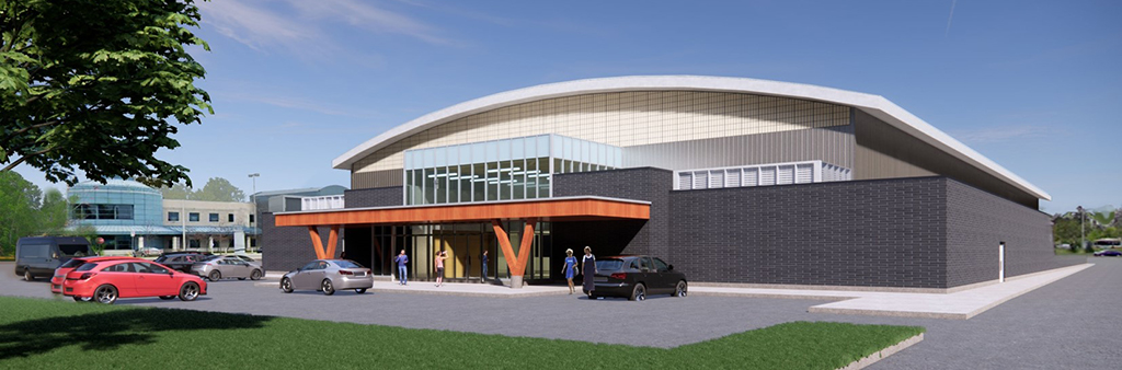 A rendering of the exterior of the new Scarborough Gardens Arena viewed north on Birchmount Road.