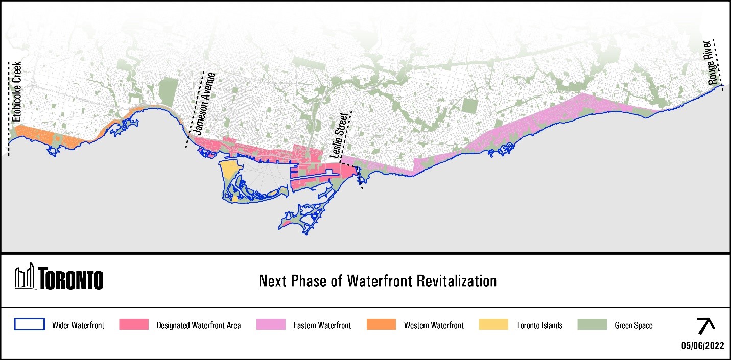 The Next Phase Waterfront Revitalization Map shows the renewed vision for the next phase that expands the central waterfront boundary to include the western and eastern waterfronts, from Etobicoke to Scarborough.