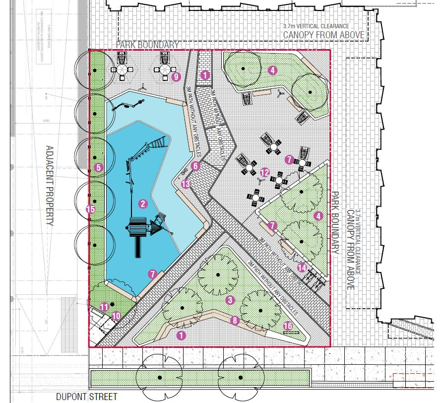 The image shows the Proposed Design in aerial view, with labels indicating park features on the right side. The Proposed Design includes a large play area or fitness area, bench and table seating, bike racks, games tables, and lighting.