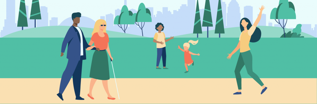 Artist illustration shows adults and children walking along a path and enjoying the greenspace in a park. Trees and the city skyline can be seen in the background.