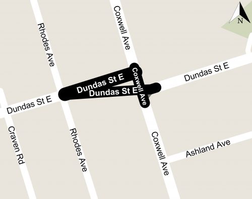 Map of Project area at the intersection of Dundas Street East and Coxwell Avenue.