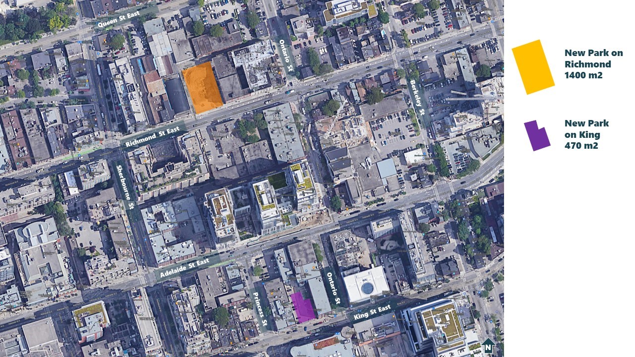 Both new parks are located in the North St. Lawrence Neighbourhood. The new park on Richmond Street East is show in in Orange and is 1400 metres squared. It is located north-west of the intersection of Ontario Street and Richmond Street East. The new park on King Street East is shown in purple and is 470 metres squared. It is located north-west of the intersection of Ontario Street and King Street East. 