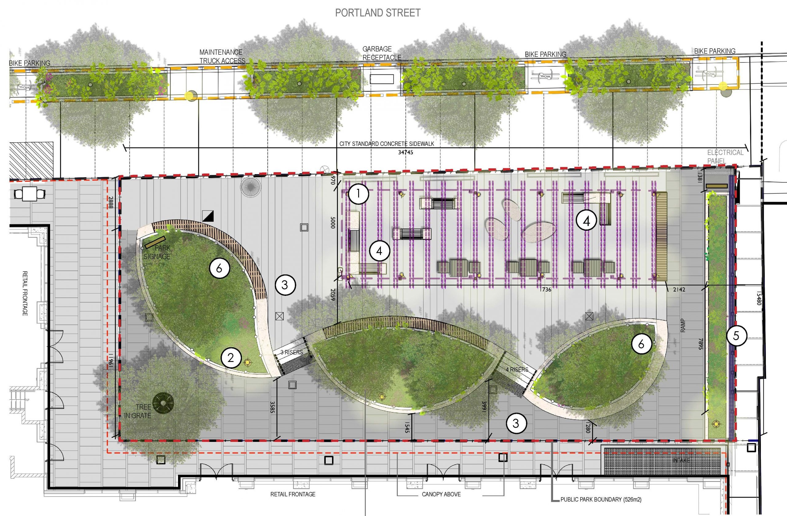 An aerial design plan for the new park at 134 Portland Street, with numbered labels indicating the location of six features, which are listed in the legend below. The trees and plants are located on the centre and the north perimeter of the park, seating areas and paving are located throughout the park. 