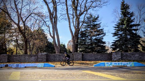 A person cycles between two painted barriers that separate cycle tracks from motor vehicle traffic.