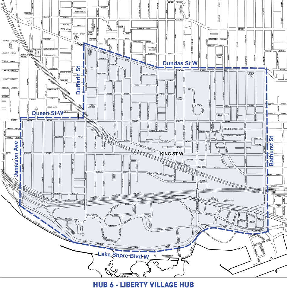 The boundaries of the Liberty Village Construction Hub are Queen St W and Dundas St W to the north, Bathurst Street to the east, Lake Shore Blvd W to the south and Jameson Ave and Dufferin St to the east