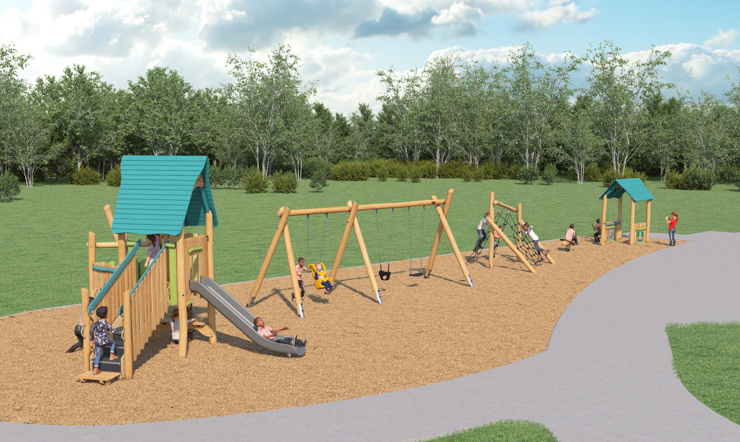 A rendering of the play area for the new park on Nairn Avenue, which includes a small wood play structure with a straight slide, a swing set with an accessible swing, bucket swing and belt swing, a rope climbing structure, a spring toy and a shade structure with play panels. The playground design has natural colours and materials like wood and blue. 