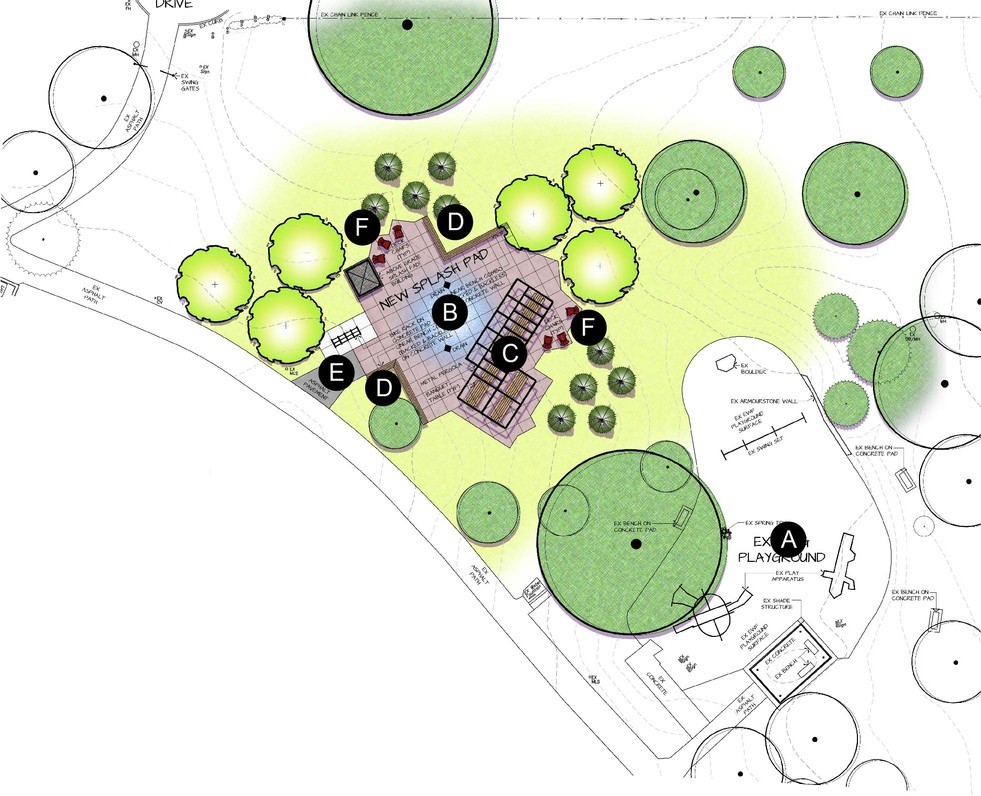 A layout plan for Splash Pad Design B, with numbered labels indicating the location of various features. From the left to right, it includes a new path, Muskoka chairs, seatwalls with benchtops, the splash pad (in the centre), seating and shade structure. Muskoka chairs are on either side of the splash pad and the existing playground in the park is just right of the splash pad.