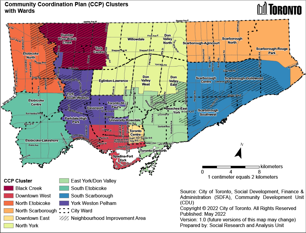 Map of the City of Toronto that shows the boundaries of the Community Coordination Plan's 10 geographic clusters.