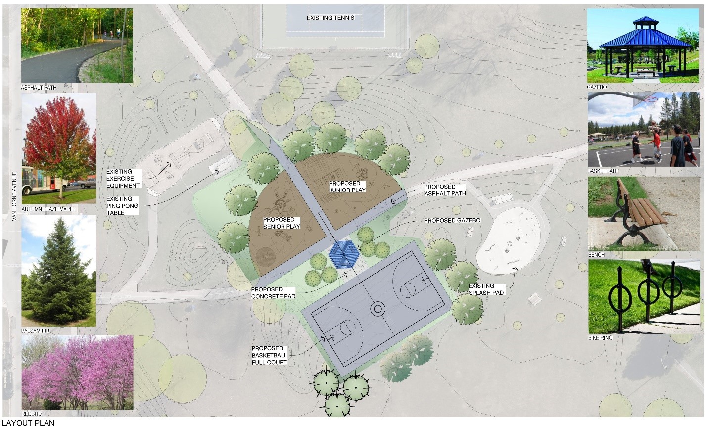 This image shows a plan view of the new playground layout. It shows a full basketball court, and playground, as well as a shade structure and addition of new trees