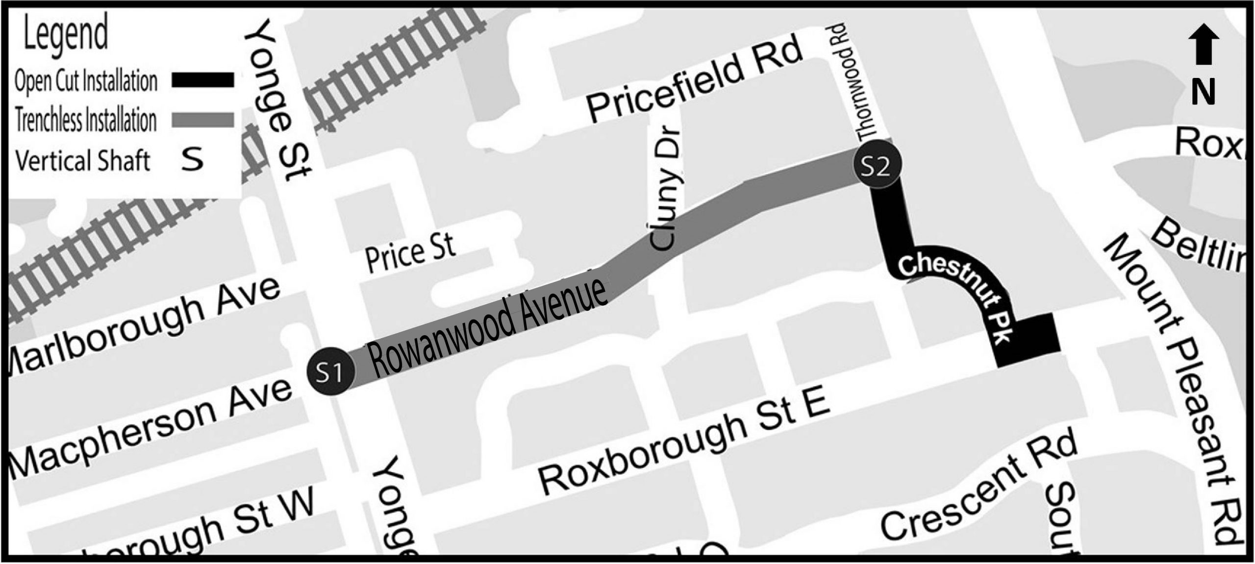 Map of work area along Rowanwood Avenue and Chestnut Park. Please contact Mae Lee at 416-392-8210 or email mae.lee@toronto.ca for more information. 