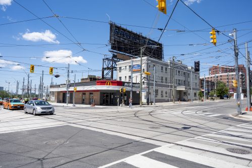 Images of construction at 416-392-0472 or kqqr@toronto.ca the King Queen Queensway Roncesvalles intersection. For more information please contact Michael Vieira at 416 392 0472 or kqqr@toronto.ca