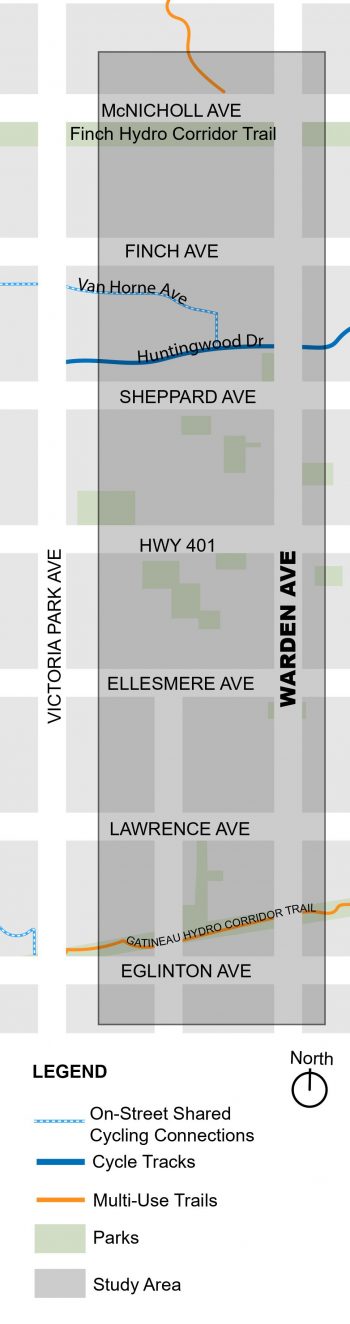 Map showing the extent of the study area on Warden Avenue and along the Warden Hydro Corridor between Gatineau Hydro Corridor Trail and Finch Hydro Corridor Trail