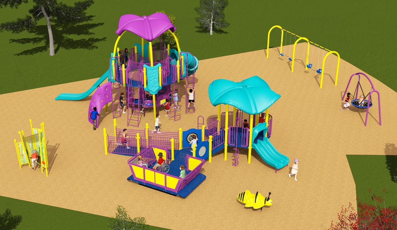 Playground Design A for the Rosebank Park Playground improvements, looking to the south from the north. From the lower left to the upper right, it includes a play panel, large, senior play structure, a large, junior play structure with an accessible ramp and teeter totter, spring toy, two belt swings, two tot swings, and one accessible basket swing.