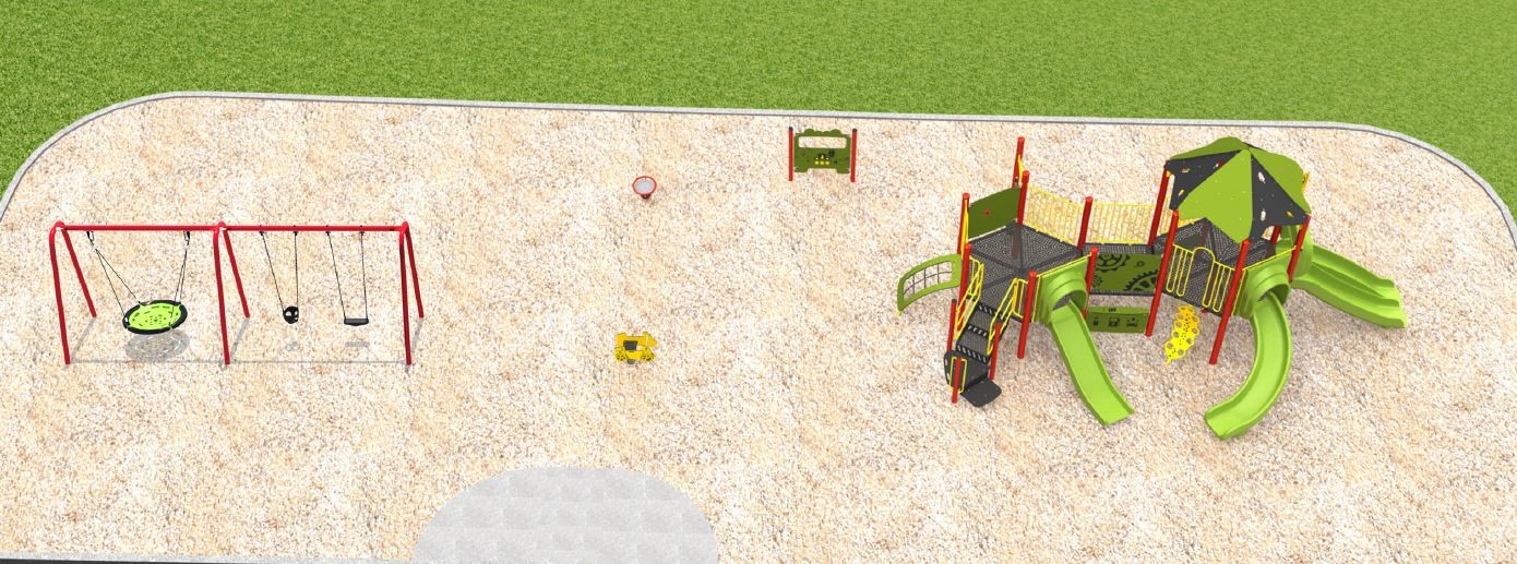 Playground Design B for the Leyton Tot Lot Playground improvements, looking to the south from the north. From the lower right to the upper left, it includes a combined junior and senior climbing structure, play panel, spring toy, spinner toy, one belt swing, one tot swing, and one accessible basket swing.