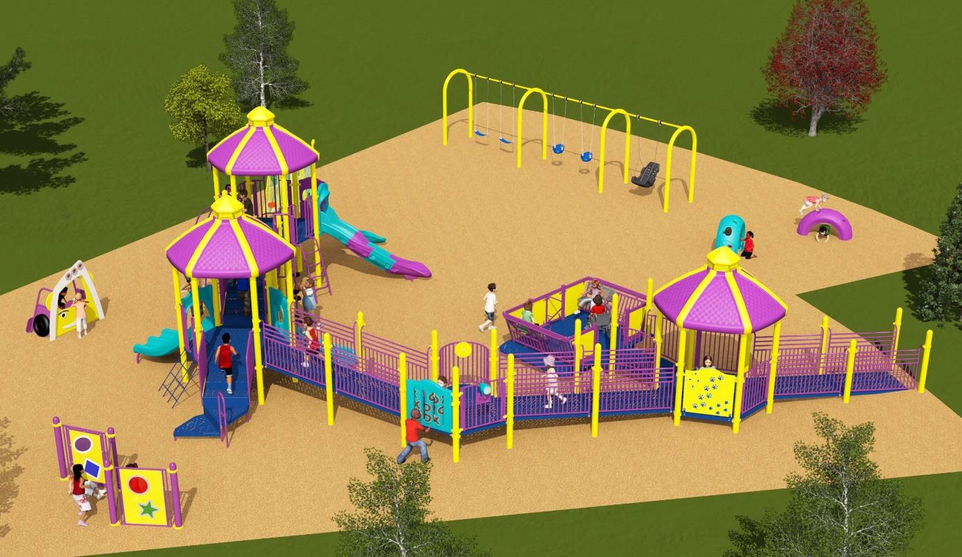 Playground Design B for the Rosebank Park Playground improvements, looking to the south from the north. From the lower left to the upper right, it includes a play panel, standalone climber, a large, combined junior and senior play structure with accessible ramp and teeter totter, two tire climbers, two tot swings, two belt swings, and one accessible swing.