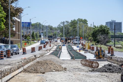 Images of construction at 416-392-0472 or kqqr@toronto.ca the King Queen Queensway Roncesvalles intersection. For more information please contact Michael Vieira at 416 392 0472 or kqqr@toronto.ca