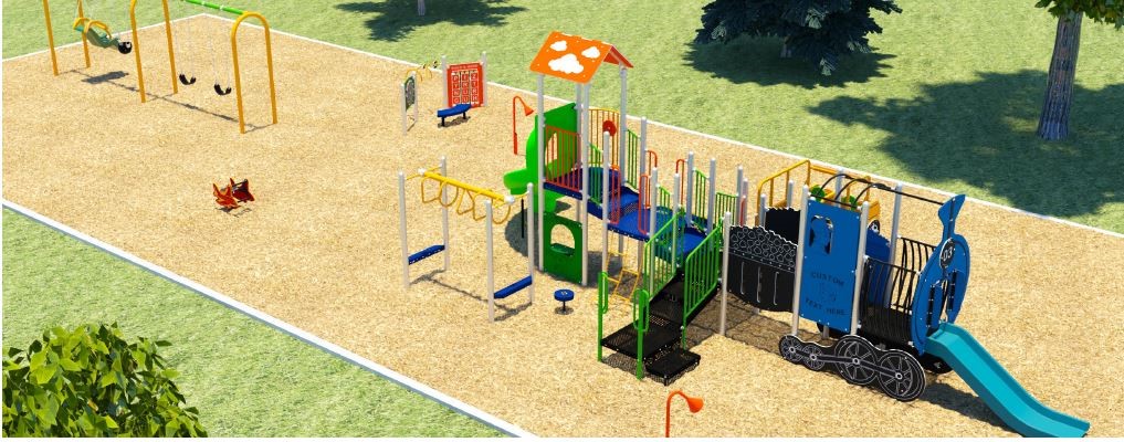 Playground Design A for the Leyton Tot Lot Playground improvements, looking to the south from the north. From the lower right to the upper left, it includes a large, combined junior and senior play structure, talk tube, spring toy, play panels, two belt swings, one tot swing, and one accessible swing.