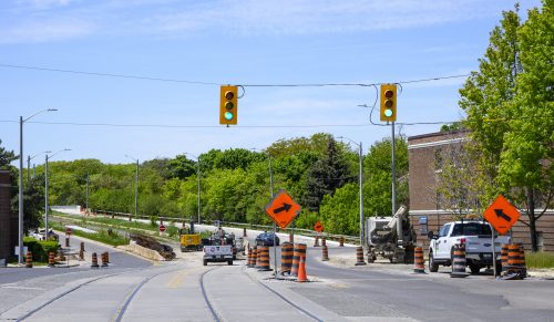 Images of construction at 416-392-0472 or kqqr@toronto.ca the King Queen Queensway Roncesvalles intersection. For more information please contact Michael Vieira at 416 392 0472 or kqqr@toronto.ca