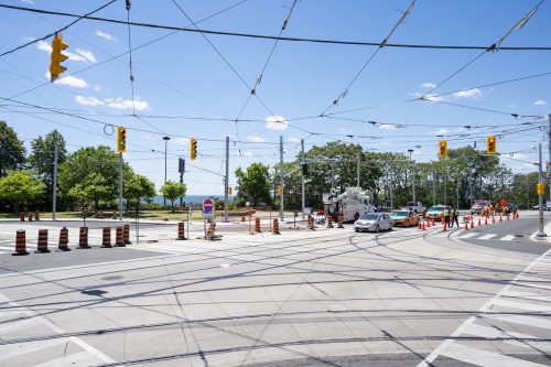 Images of construction at 416-392-0472 or kqqr@toronto.ca the King Queen Queensway Roncesvalles intersection. For more information please contact Michael Vieira at 416 392 0472 or kqqr@toronto.ca