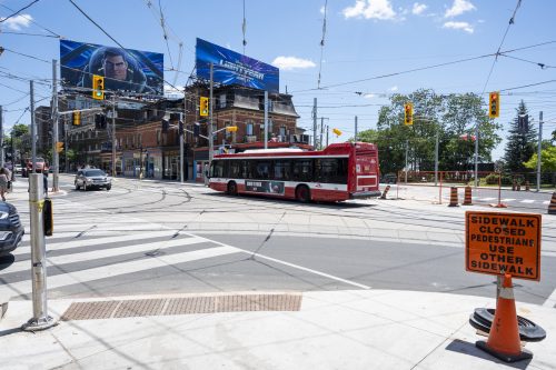 Images of construction at 416-392-0472 or kqqr@toronto.ca the King Queen Queensway Roncesvalles intersection. For more information please contact Michael Vieira at 416 392 0472 or kqqr@toronto.ca