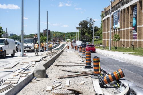 Images of construction at 416-392-0472 or kqqr@toronto.ca the King Queen Queensway Roncesvalles intersection. For more information please contact Michael Vieira at 416 392 0472 or kqqr@toronto.ca