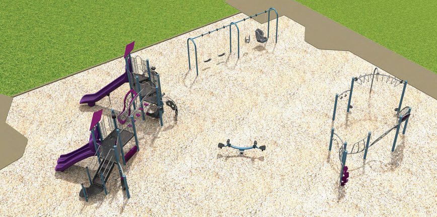 A rendering of Playground Option D, From the lower-left to upper-right, it includes combined play equipment, swing set, see-saw, and climbing structure. The primary colour of the equipment is purple and blue.