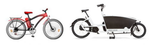 A red E-bike and white cargo E-bike are shown side by side