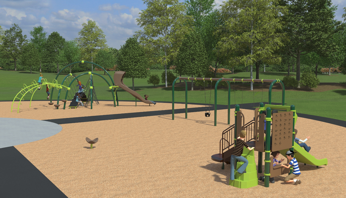 A rendering of playground Design B for the Bellbury Park Playground improvements, looking to the north from the south. From the upper-left to the lower-right, it includes a senior climbing structure with slide, one standalone spinner, one accessible swing, one tot swing, two belt swings, and a junior climbing structure with slide. 