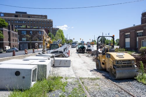 Images of construction at 416-392-0472 or kqqr@toronto.ca the King Queen Queensway Roncesvalles intersection. For more information please contact Michael Vieira at 416 392 0472 or kqqr@toronto.ca