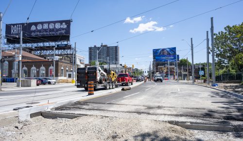 Images of construction at 416-392-0472 or kqqr@toronto.ca the King Queen Queensway Roncesvalles intersection. For more information please contact Michael Vieira at 416 392 0472 or kqqr@toronto.ca