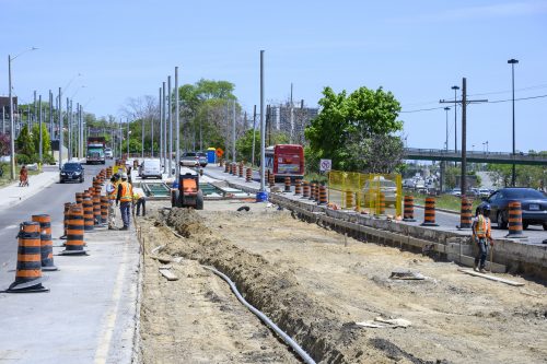 Images of construction at 416-392-0472 or kqqr@toronto.ca the King Queen Queensway Roncesvalles intersection. For more information please contact Michael Vieira at 416 392 0472 or kqqr@toronto.ca