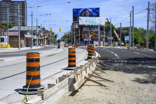 Images of construction at 416-392-0472 or kqqr@toronto.ca the King Queen Queensway Roncesvalles intersection. For more information please contact Michael Vieira at 416 392 0472 or kqqr@toronto.ca