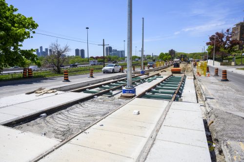 Images of construction at 416-392-0472 or kqqr@toronto.ca the King Queen Queensway Roncesvalles intersection. For more information please contact Michael Vieira at 416 392 0472 or kqqr@toronto.ca