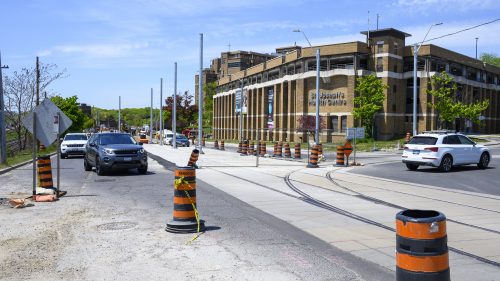 Images of construction at 416-392-0472 or kqqr@toronto.ca the King Queen Queensway Roncesvalles intersection. For more information please contact Michael Vieira at 416 392 0472 or kqqr@toronto.ca