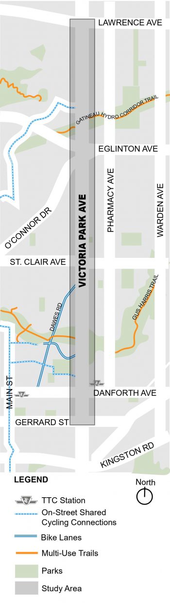 Map showing the extent of the study area on Victoria Park between Lawrence Avenue and Gerrard Street