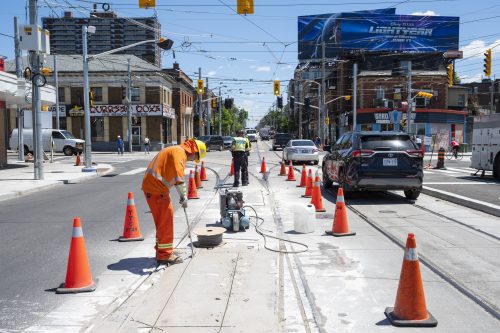 Images of construction at 416-392-0472 or kqqr@toronto.ca the King Queen Queensway Roncesvalles intersection. For more information please contact Michael Vieira at 416 392 0472 or kqqr@toronto.ca