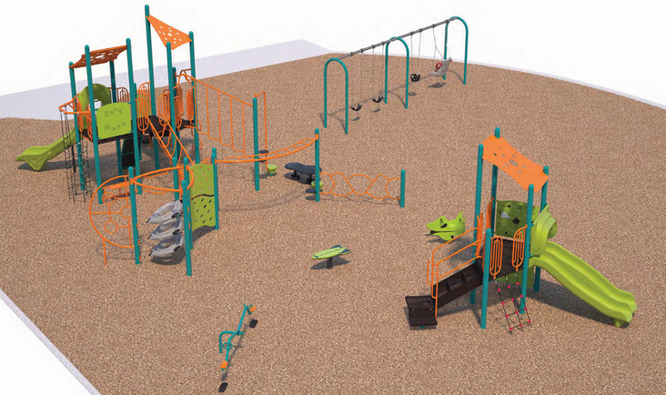 A rendering of Playground Option B, From the lower-left to upper-right, it includes senior play equipment/monkey bars, see-saw, a standalone toy, a swing set, junior play structure. The primary colour of the equipment is green and orange. 